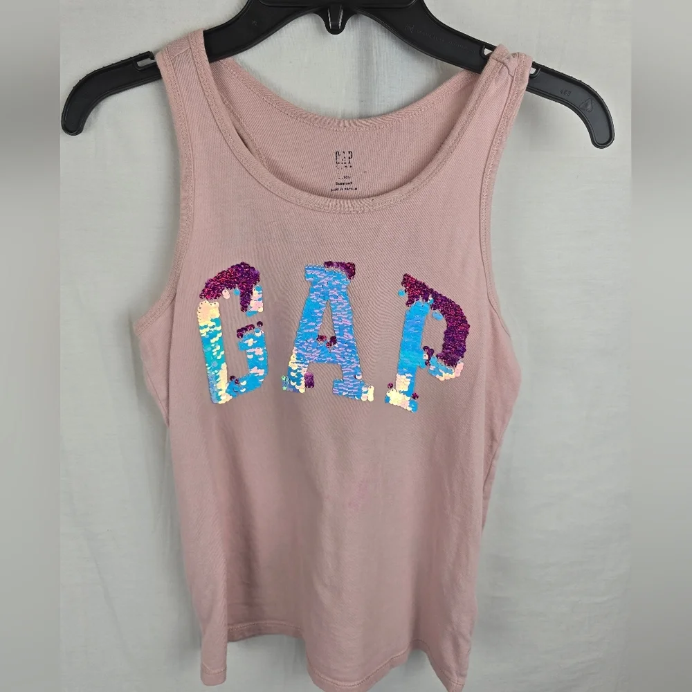 GAP Pink Sequin Logo Tank Top and Blue Jeans Short Set Girls Sz 10